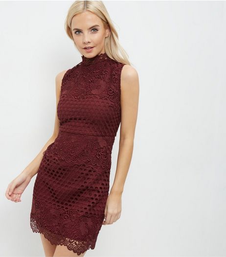 Petite Burgundy Lace Funnel Neck Dress | New Look