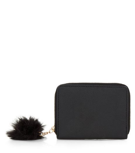Black Mini Pom Pom Zip Around Purse | New Look