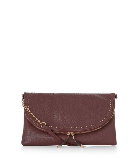 Burgundy Snakeskin Textured Stud Clutch | New Look