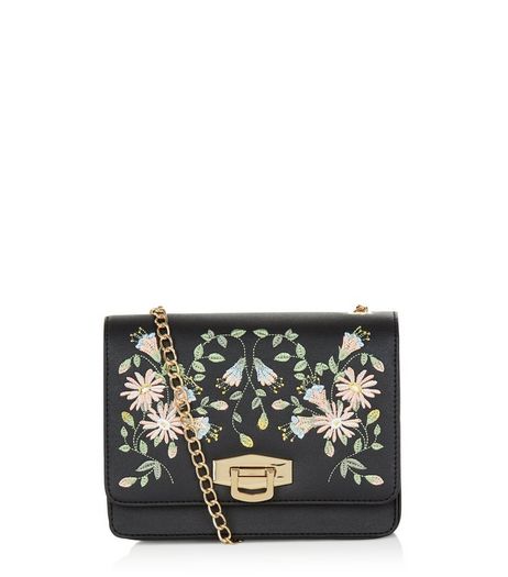Black Embroidered Floral Print Chain Shoulder Bag | New Look