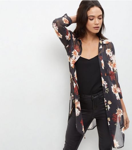 Tall Black Floral Print Longline Shirt | New Look