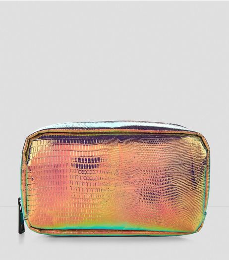 Pink Holographic Snakeskin Texture Makeup Bag | New Look