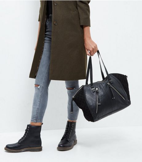 Black Leather Zip Trim Bowler Bag | New Look