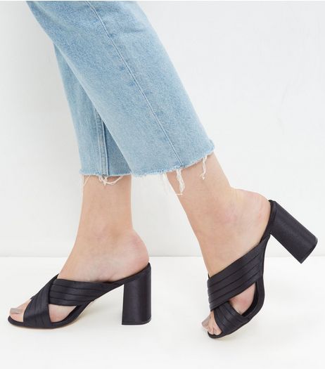 Black Cross Strap Heeled Mules | New Look