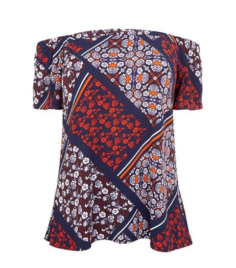 Curves Black Abstract Print Contrast Bardot Neck Top | New Look