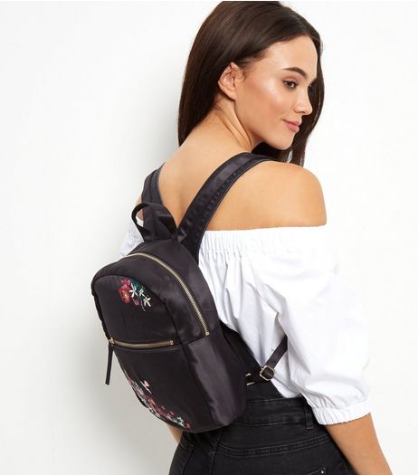 Black Embroidered Mini Backpack | New Look