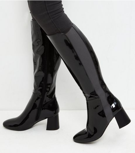 Black Patent Block Heel Knee High Boots | New Look