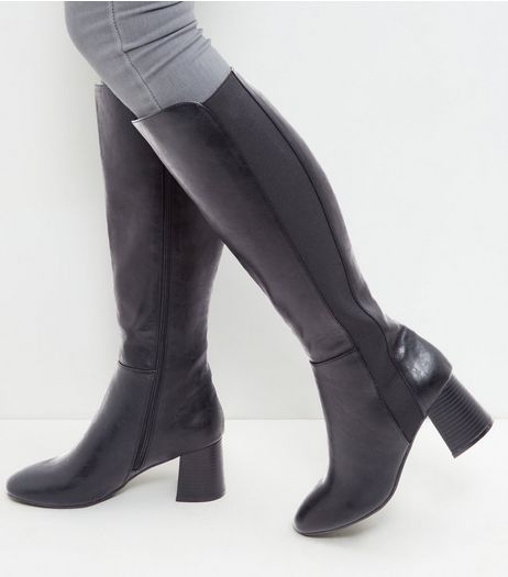 Black Leather-Look Block Heel Knee High Boots | New Look