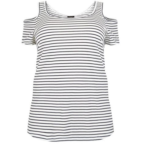 Curves White Stripe Cold Shoulder Top | New Look
