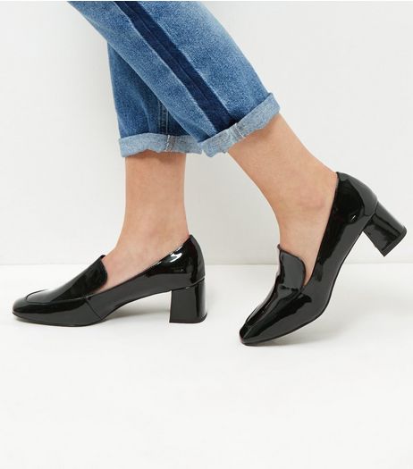 Wide Fit Black Patent Block Heel Loafers | New Look
