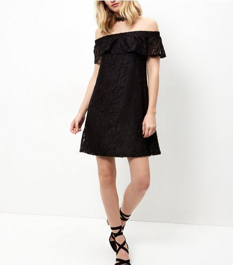 Cameo Rose Black Lace Bardot Neck Dress | New Look