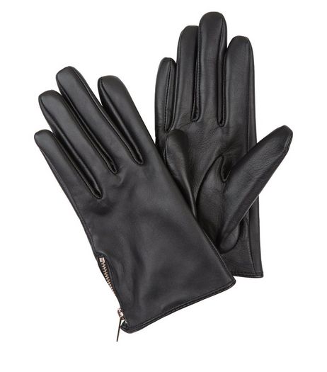 Black Leather Zip Side Gloves | New Look
