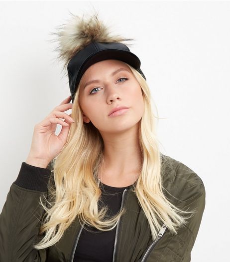 Black Leather-Look Faux Fur Pom Pom Cap | New Look