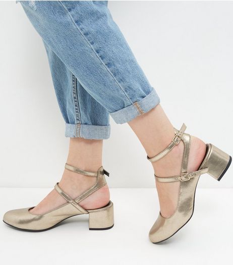 Wide Fit Gold Patent Double Strap Sling Back Pumps | New Look