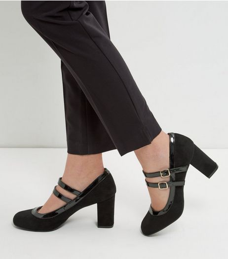 Wide Fit Black Suedette Double Ankle Strap Block Heels | New Look