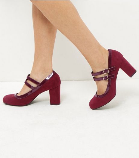 Wide Fit Dark Red Suedette Double Ankle Strap Block Heels | New Look