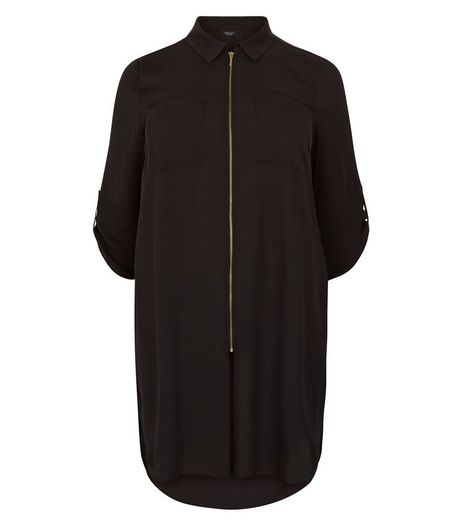 Curves Black Zip Front Longline Shirt | New Look