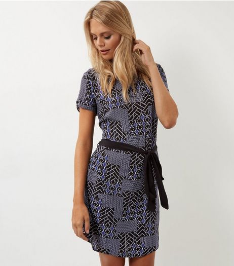 Black Geo Print Belted Tunic Dress | New Look