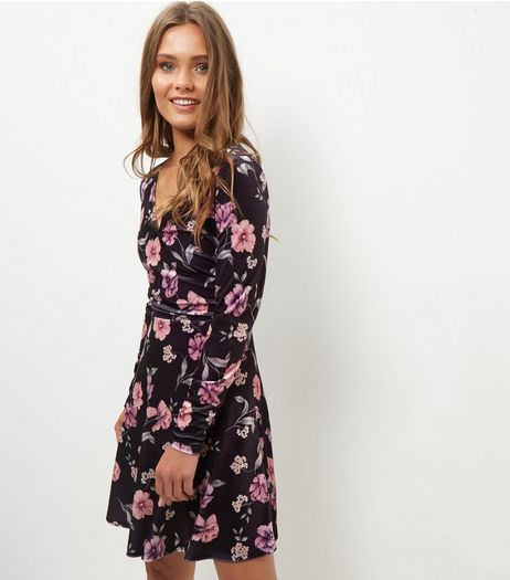 Black Velvet Floral Print V Neck Skater Dress | New Look