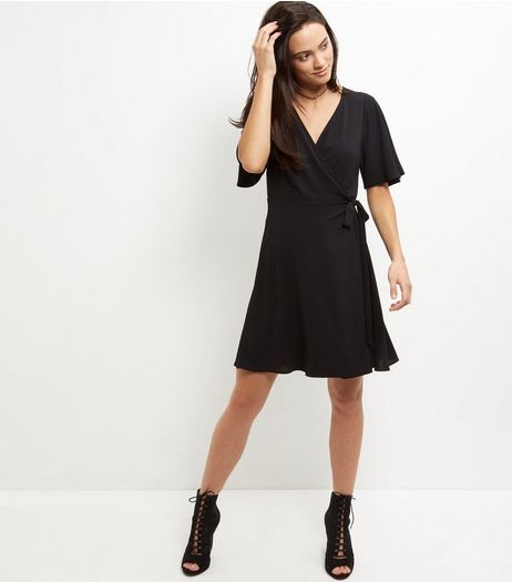 Black Wrap Front Tie Side Dress | New Look