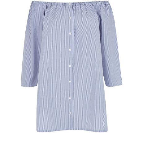White Stripe Button Front Bardot Neck Dress | New Look