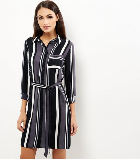 Black Stripe Belted Shirt Dress | New Look