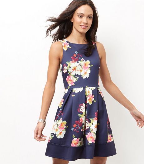 Blue Floral Print Pleated Skater Dress | New Look