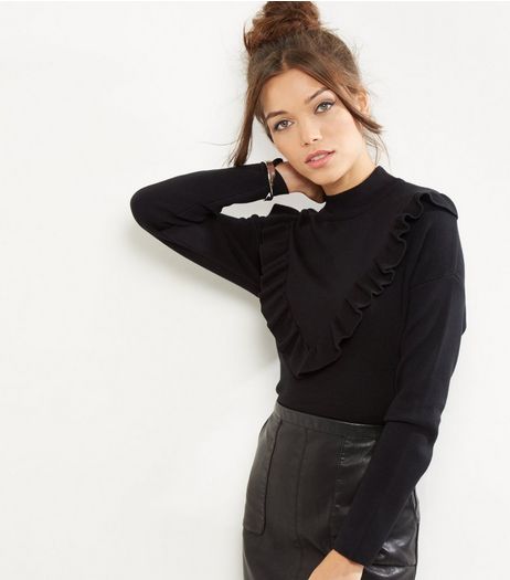 Black Frill Trim Ribbed Jumper | New Look