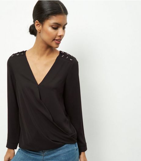 Black Eyelet Lace Shoulders V Neck Top | New Look