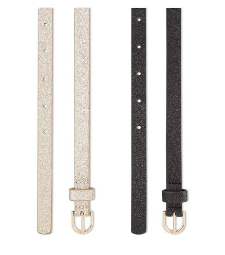 2 Pack Gold And Black Skinny Glitter Belts | New Look