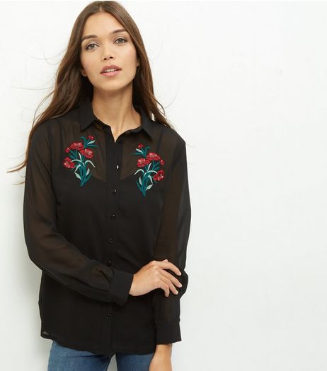 Black Rose Embroidered Long Sleeve Shirt | New Look