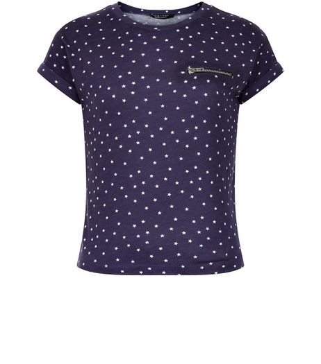 Girls Blue Star Print Zip Pocket T-shirt | New Look