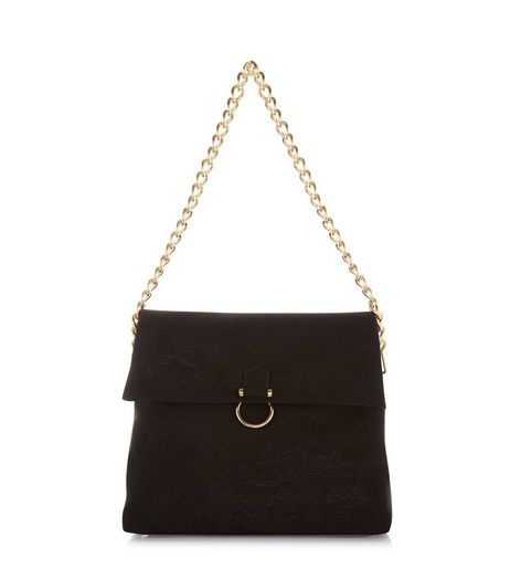 Black Embroidered Chain Shoulder Bag | New Look