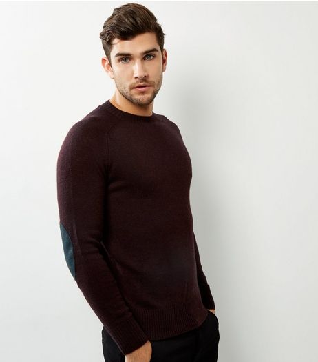 Burgundy Wool Mix Elbow Patch Jumper | New Look