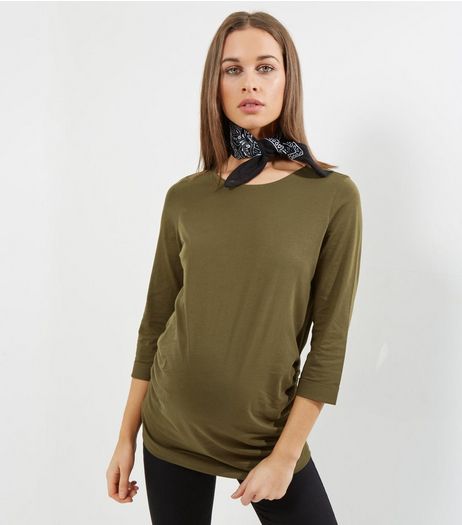 Maternity Olive Green Rolled 3/4 Sleeve T-Shirt | New Look