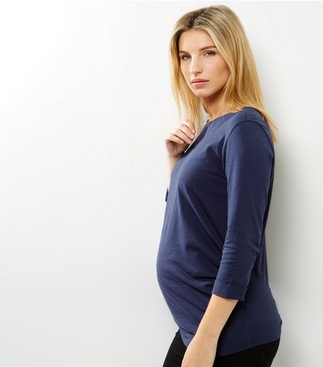 Maternity Navy Rolled 3/4 Sleeve T-Shirt | New Look
