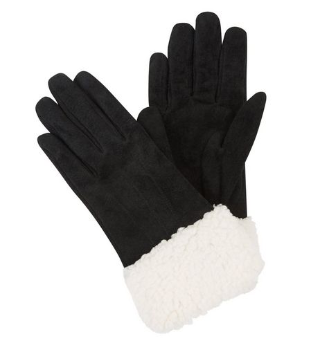 Black Leather Shearling Trim Gloves | New Look
