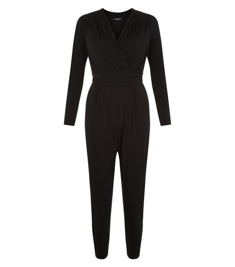 Petite Black Wrap Front Long Sleeve Jumpsuit | New Look