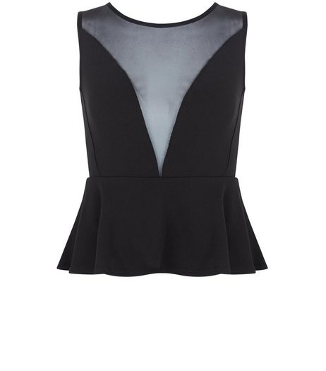 Petite Black Mesh Panel Sleeveless Peplum Top | New Look