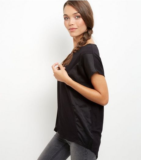 Black Side Panel Sateen T-Shirt | New Look