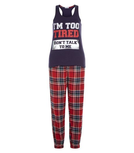 Teens Red I'm Too Tired Vest and Joggers | New Look