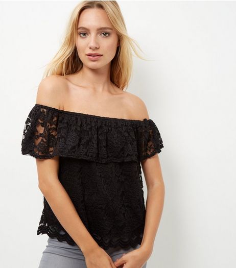 Black Lace Bardot Neck Top | New Look
