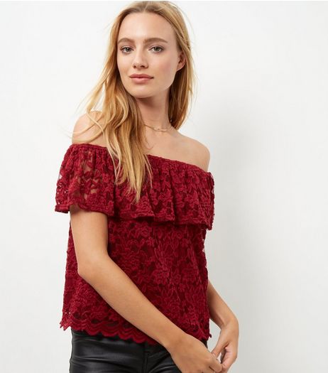 Burgundy Lace Bardot Neck Top | New Look