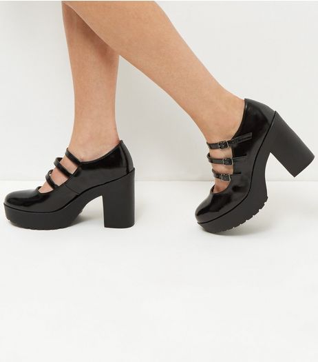 Wide Fit Black Patent Platform Block Heels | New Look