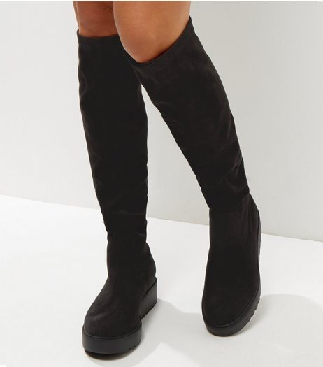 Wide Fit Black Knee High Flatform Boots | New Look