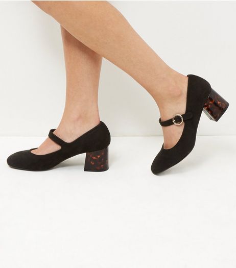 Wide Fit Black Suedette Flared Mary Jane Heels | New Look