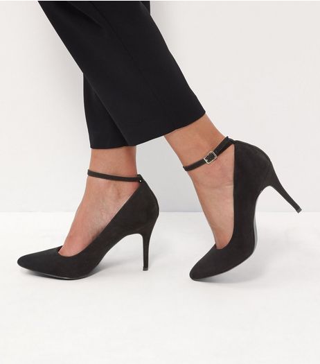 Black Pointed Ankle Strap Court Shoes | New Look