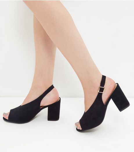Wide Fit Black Peep Toe Sling Back Court Shoes | New Look