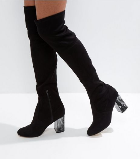 Wide Fit Black Marble Over The Knee Boots | New Look