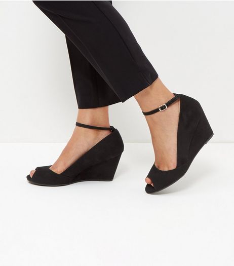 Black Comfort Suedette Peep Toe Ankle Strap Wedges | New Look